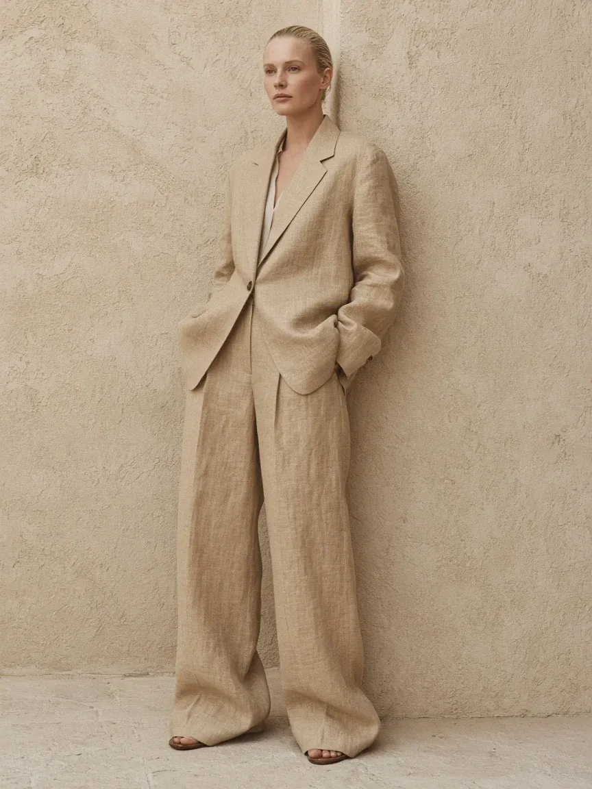 A woman with slicked back blonde hair in an oversized sand linen suit, leaning on a stone wall