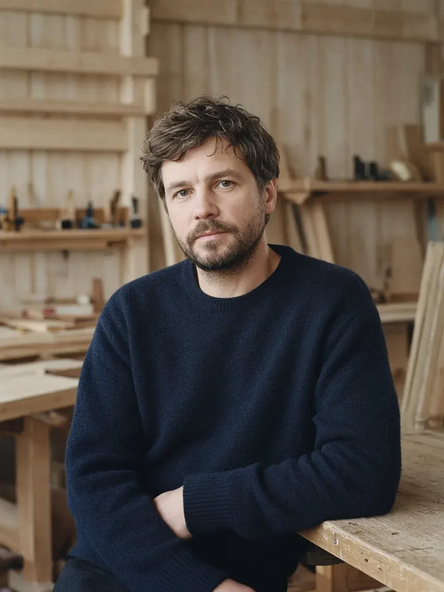 A furniture designer with a short beard in a navy jumper leaning on a workbench
