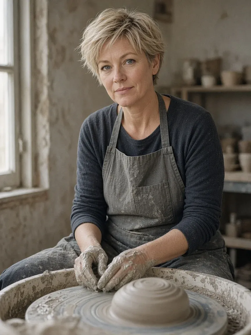 A ceramicist with short blonde hair and a grey apron at her potter's wheel