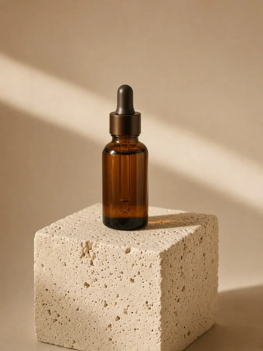An amber glass dropper bottle on a block of travertine in warm light