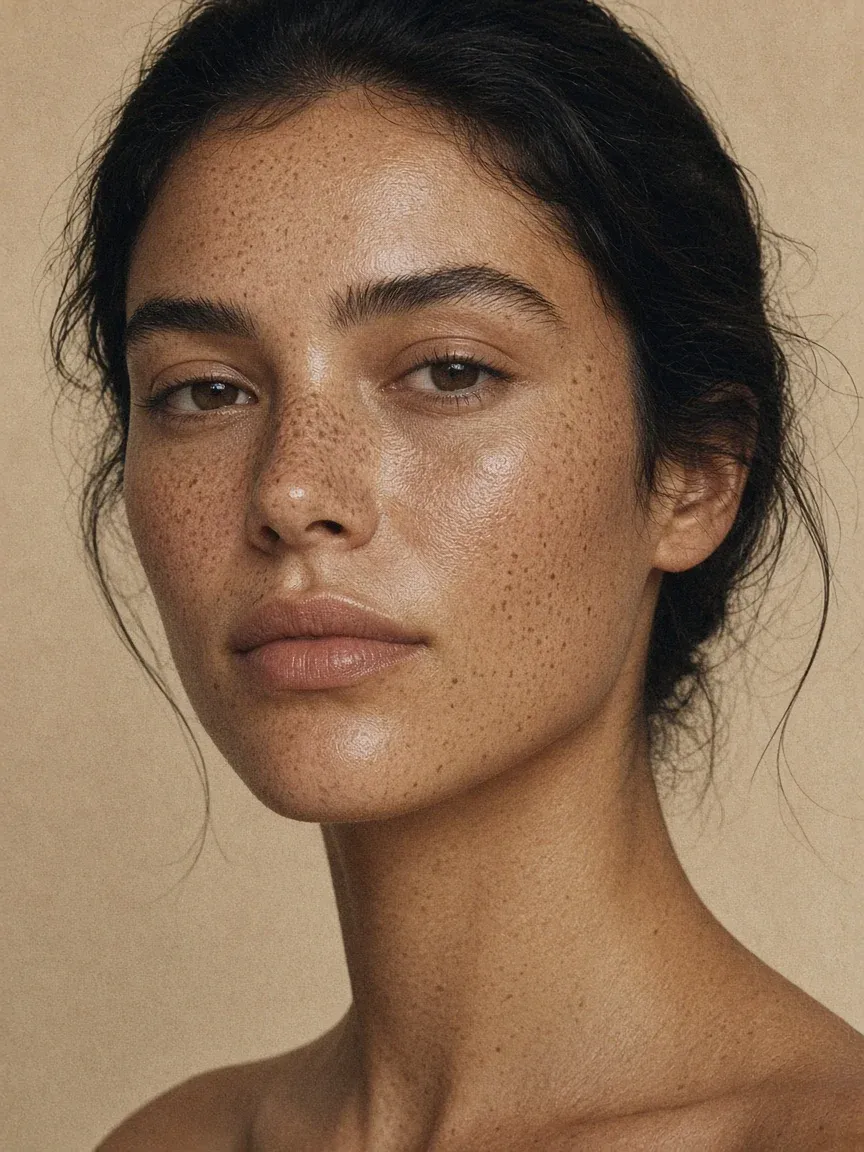 Close up portrait of a woman with dark hair pulled back and natural freckled skin