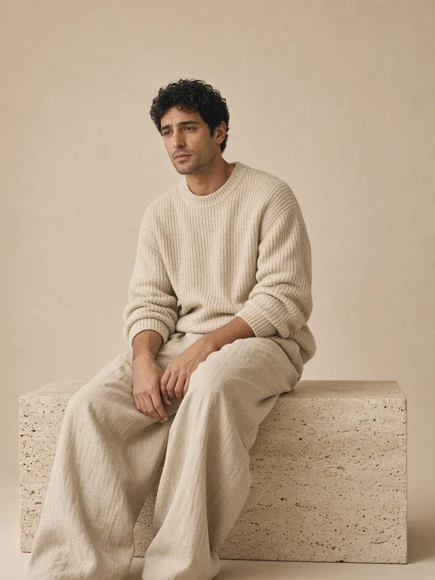 A man with dark curly hair in a cream knit and linen trousers, sitting on a travertine block