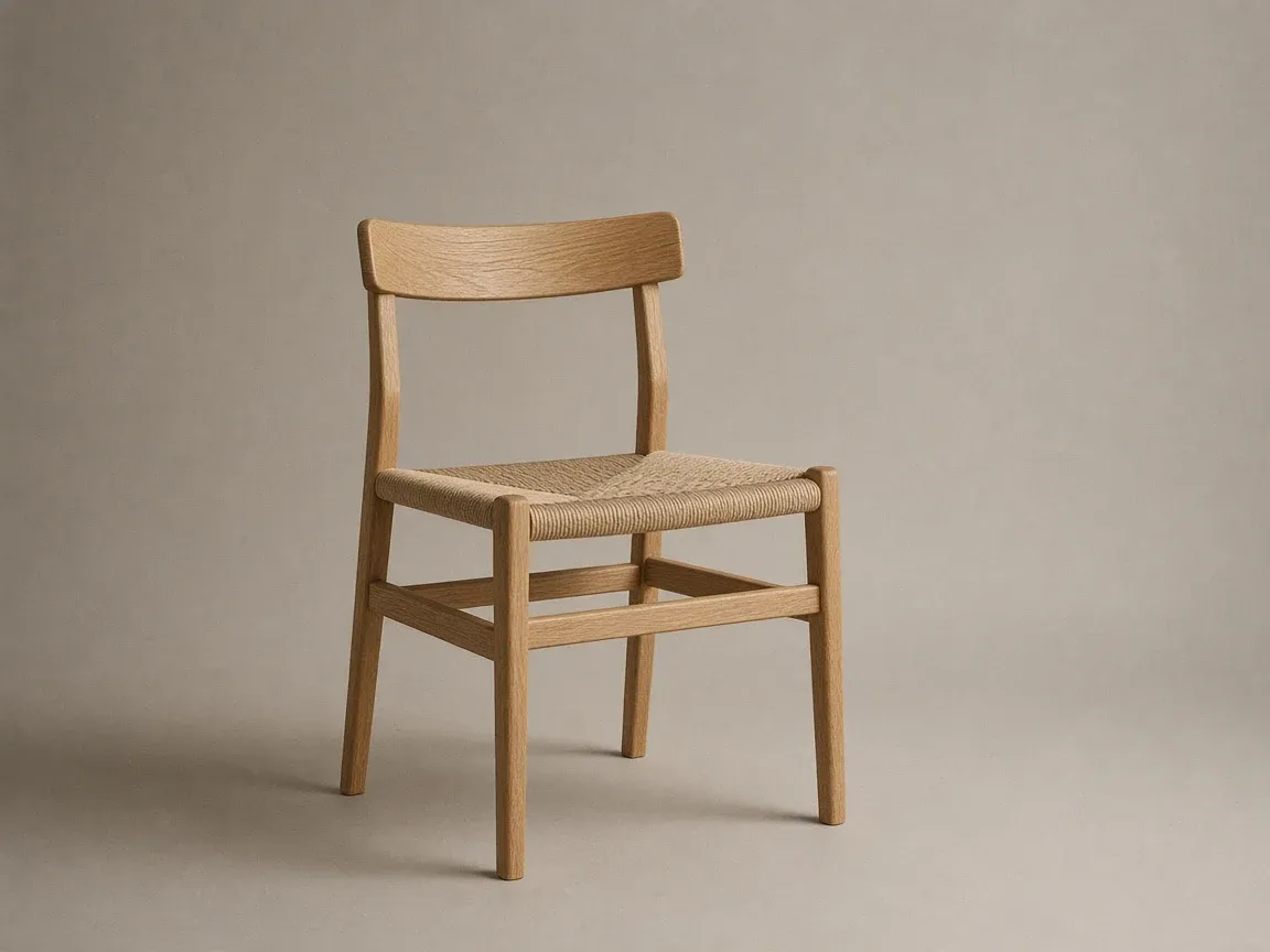 A simple oak chair with a woven paper cord seat against a warm grey backdrop