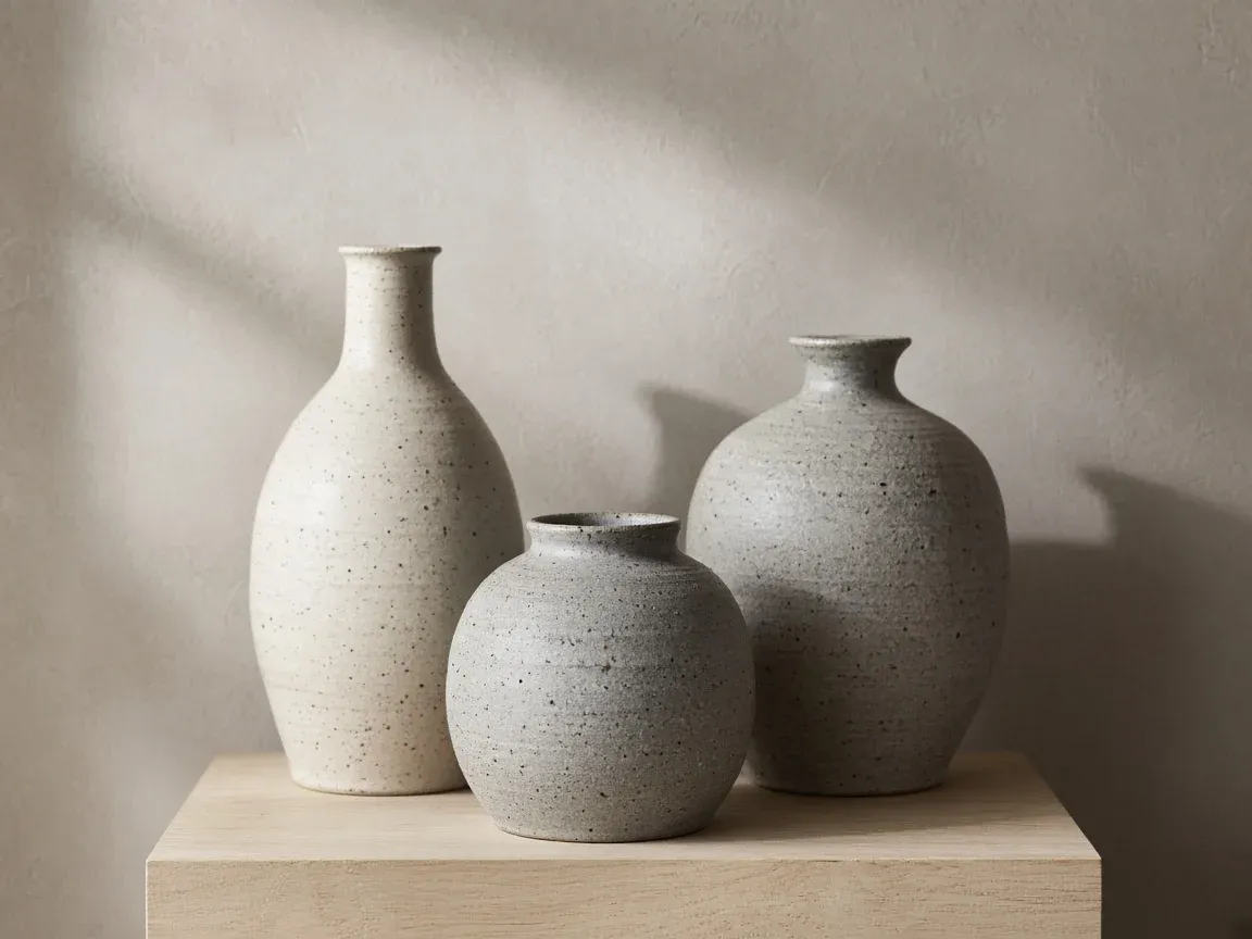 Three speckled stoneware vases on a pale wooden plinth against a plaster wall