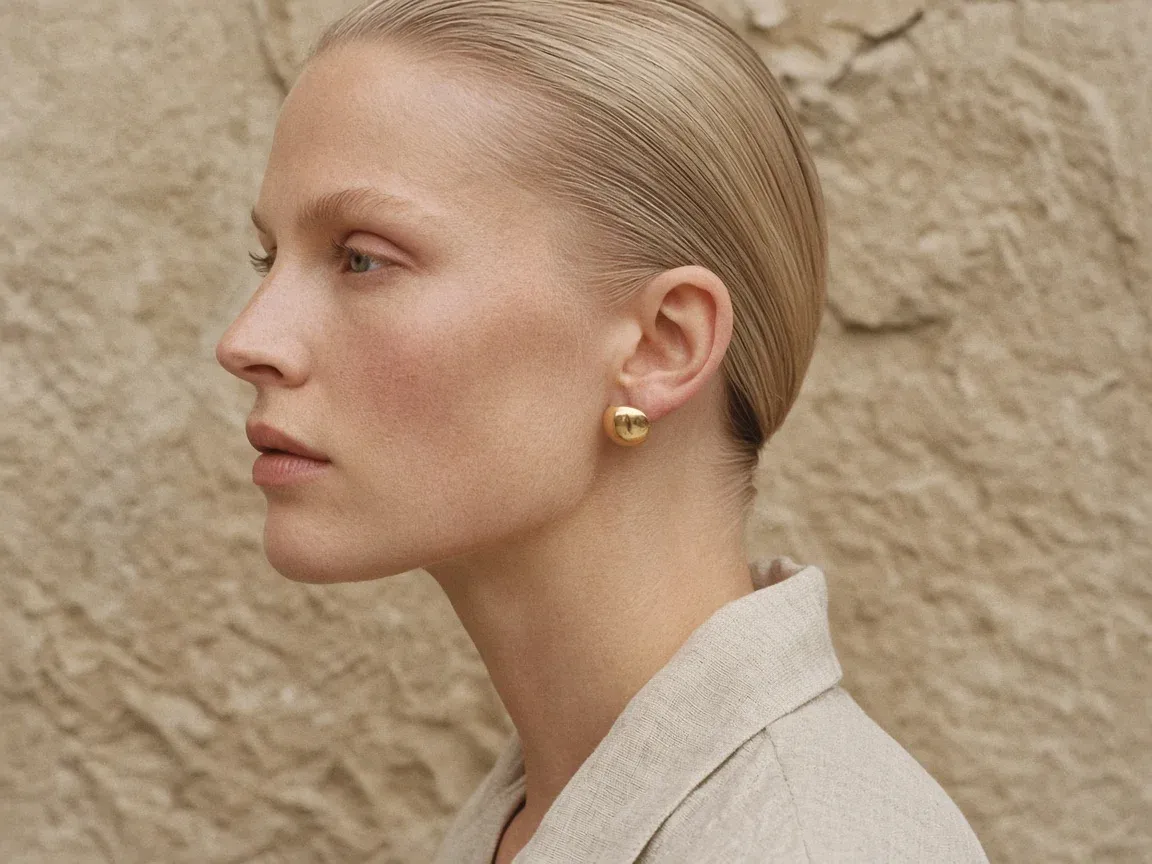 Profile of a woman with slicked back hair and a round gold earring against a stone wall