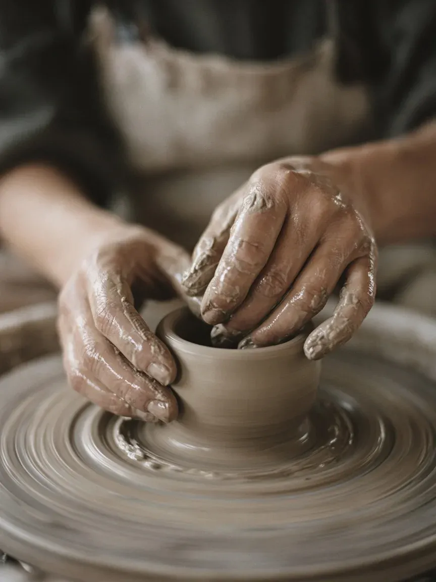 Close up of two hands shaping wet clay on a spinning wheel