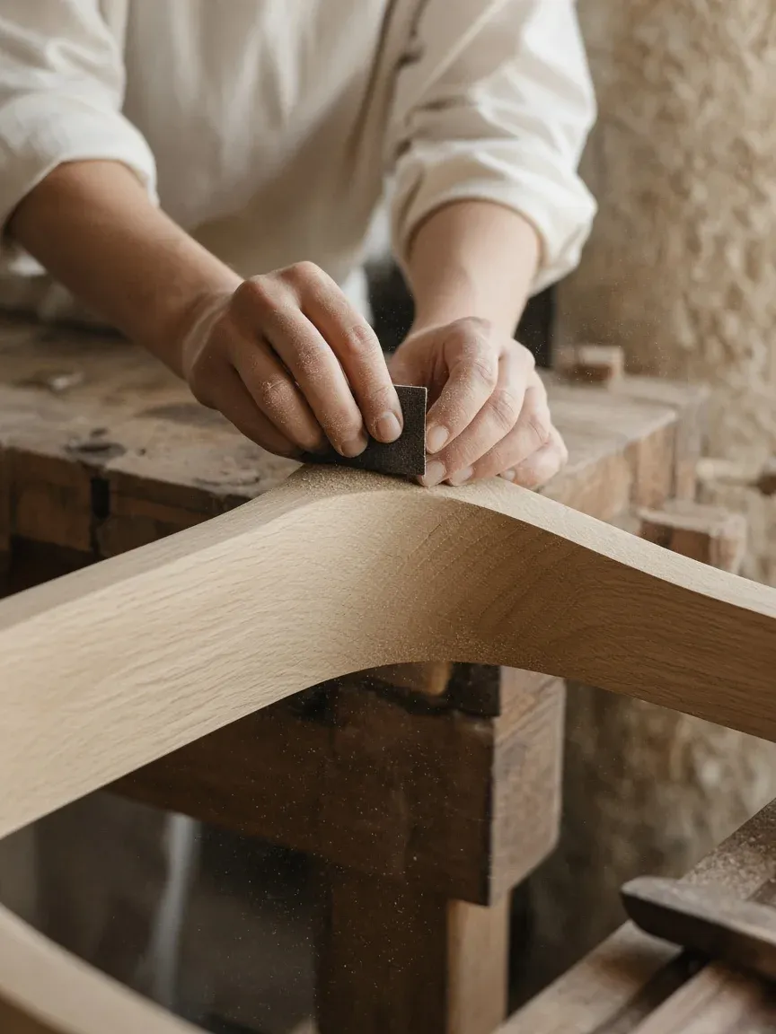 Hands sanding the curved oak back of a chair on a workbench