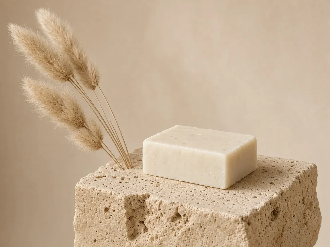 A bar of pale soap on rough travertine beside a few stems of dried grass