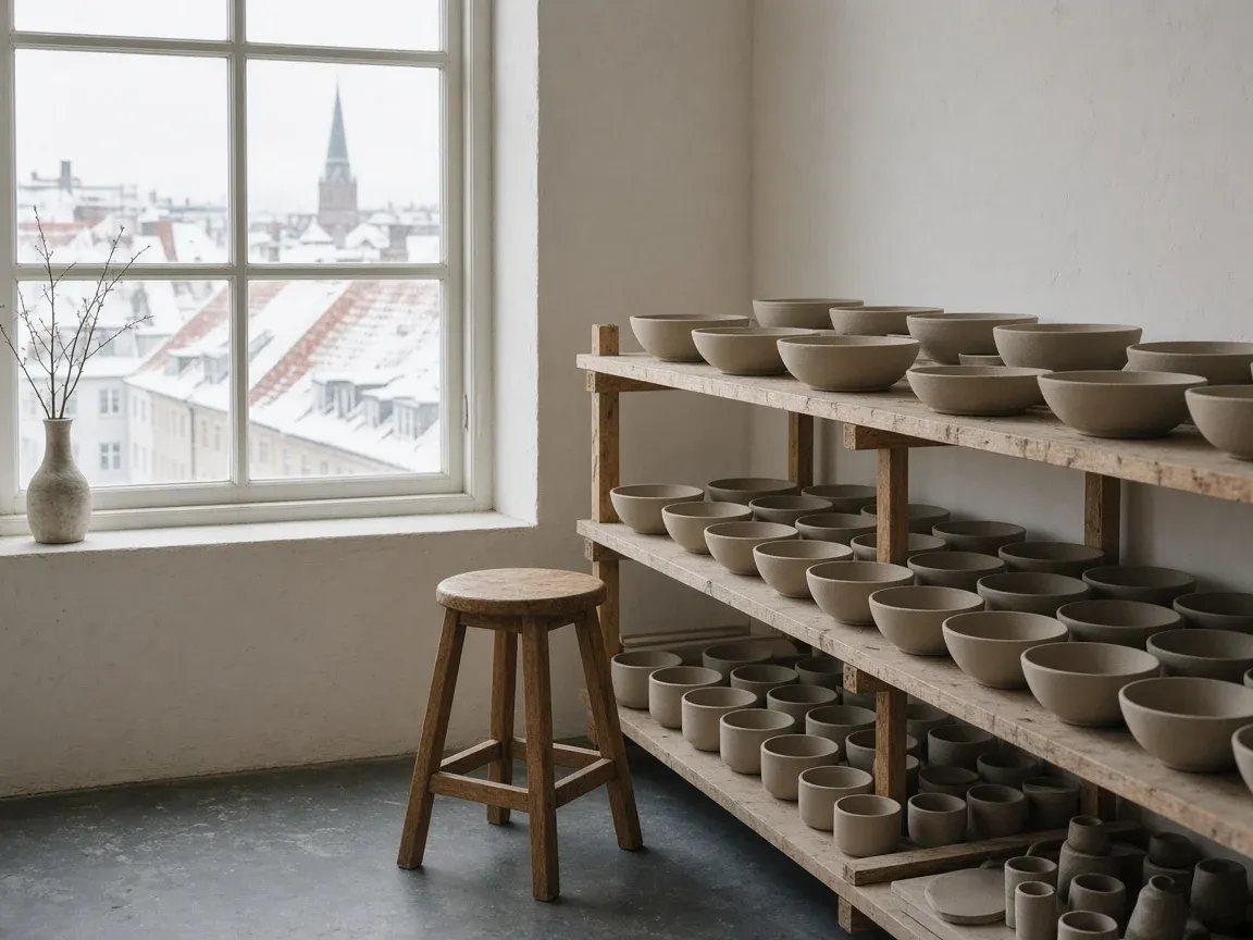 Shelves of unglazed bowls drying in a bright studio with snowy rooftops outside