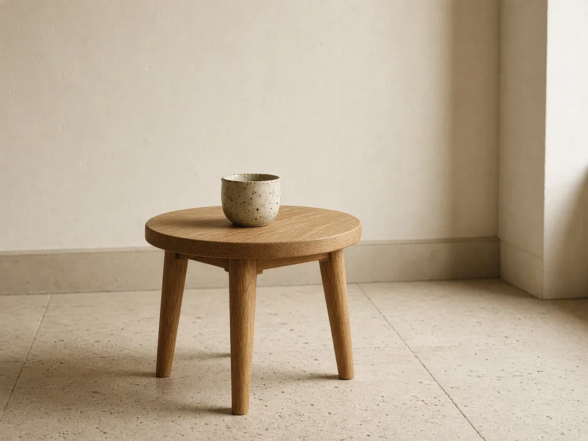 A small round oak side table with a speckled ceramic cup in a bright empty room