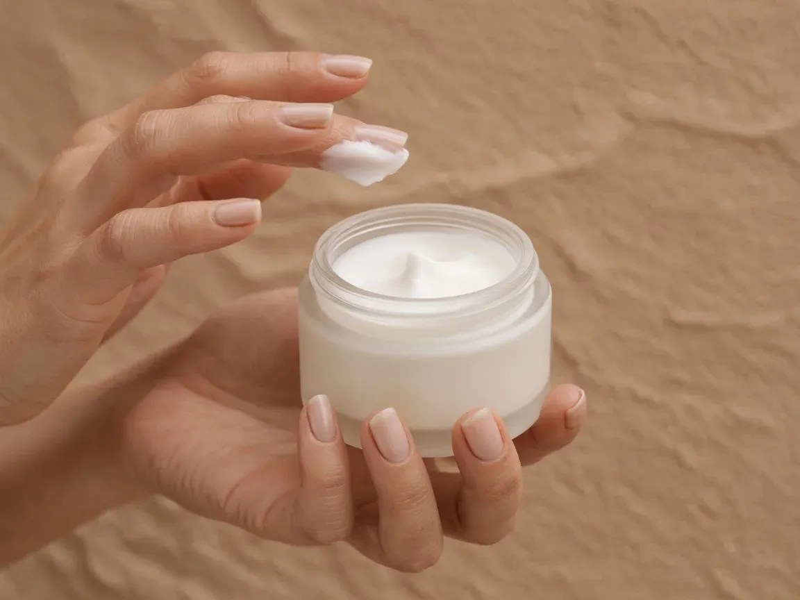 Two hands holding an open jar of white cream, cream on one fingertip