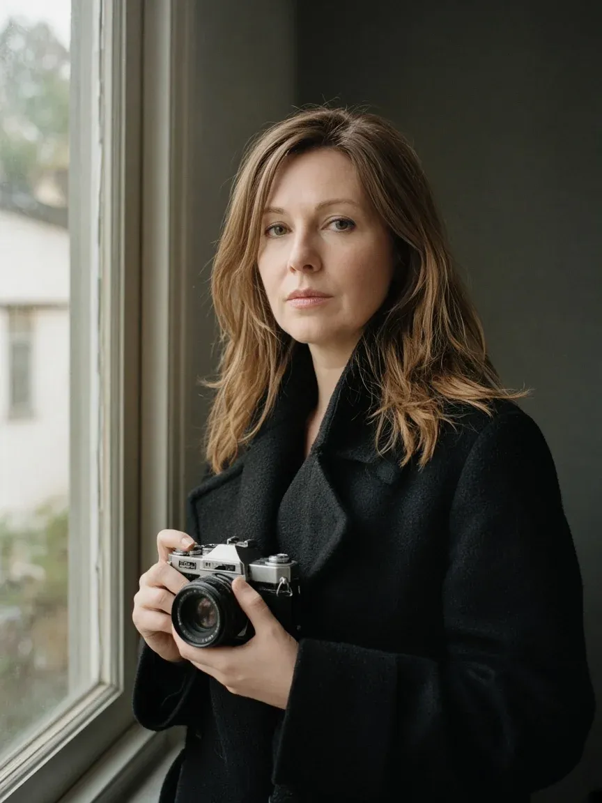 Maren Vik holding a film camera by a window, in a dark wool coat